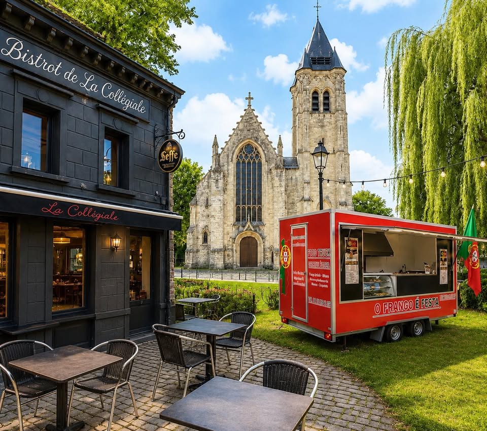 La façade du bistrot face à la collégiale Saint-Piat, avec le food truck portugais O Frango é Festa