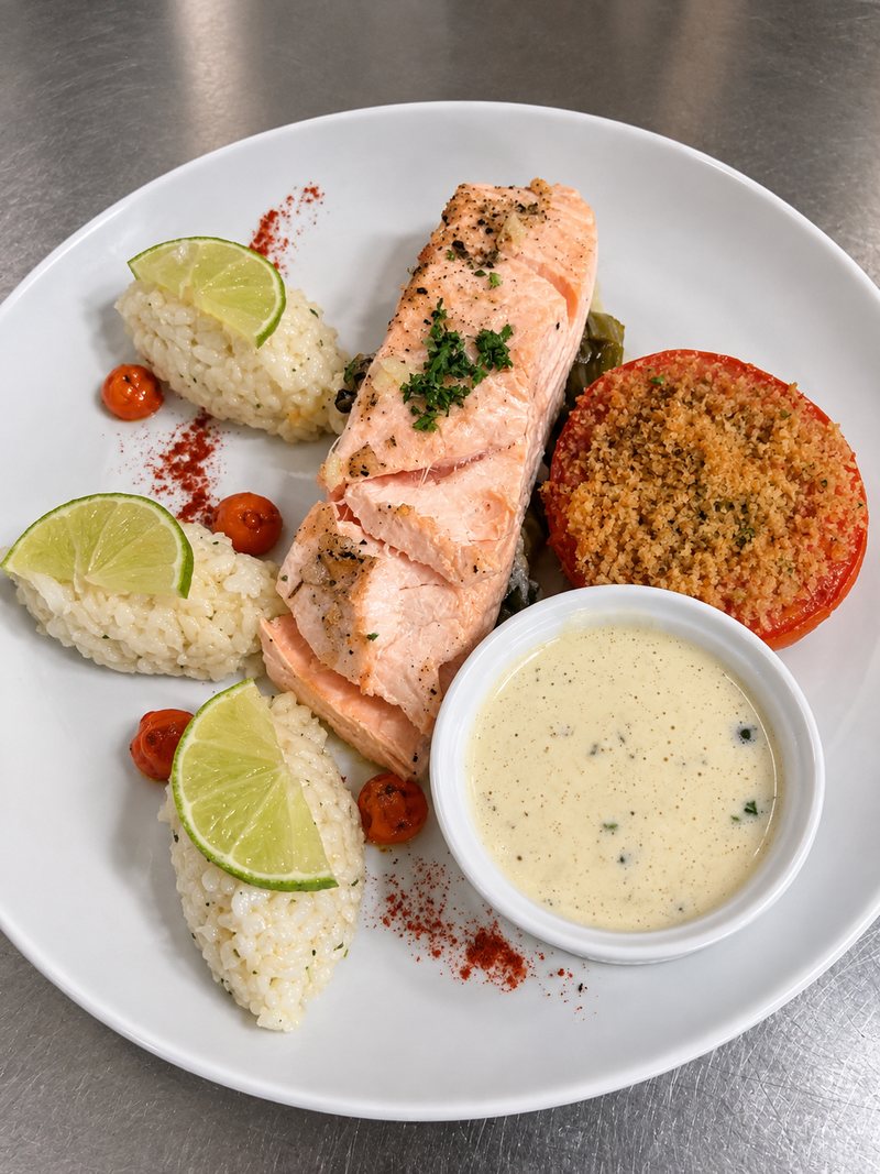 Pavé de saumon, riz, tomate farcie et sauce crémée